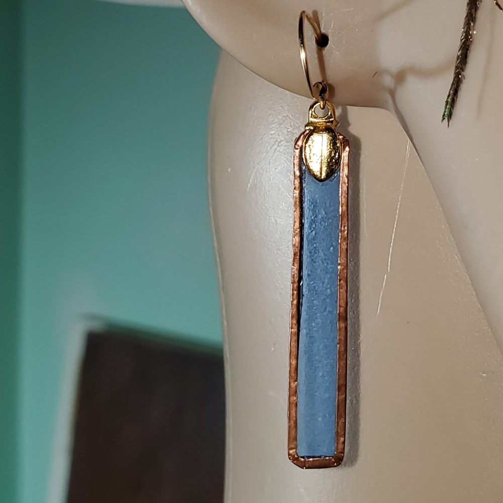 Copper/blue glass hanging earrings